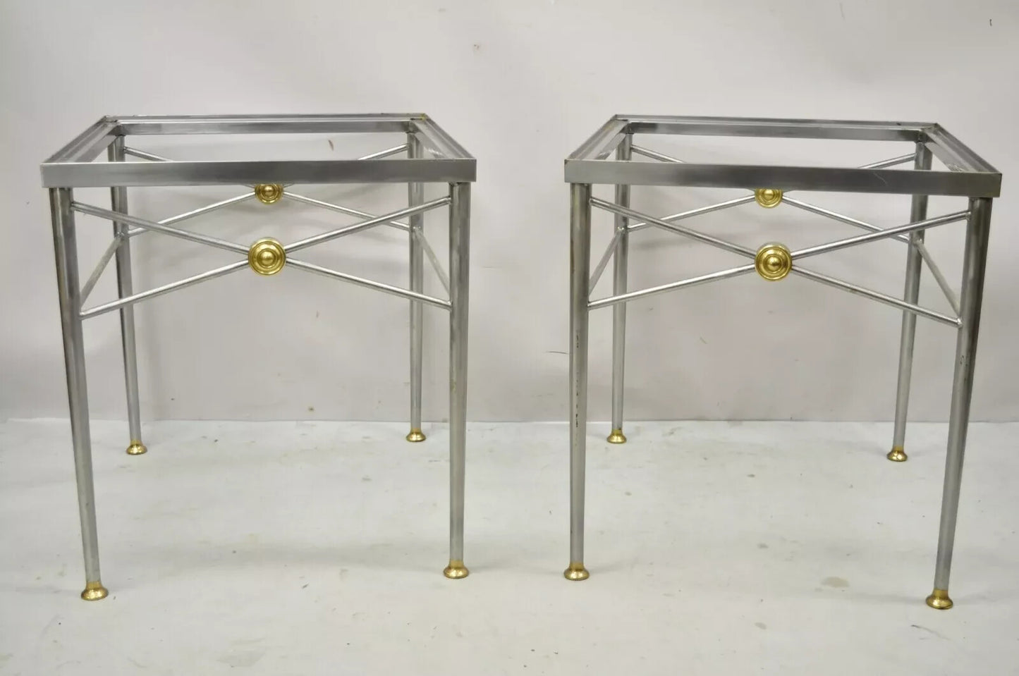 Italian Directoire Maison Jansen Style Brushed Steel & Brass End Tables - a Pair