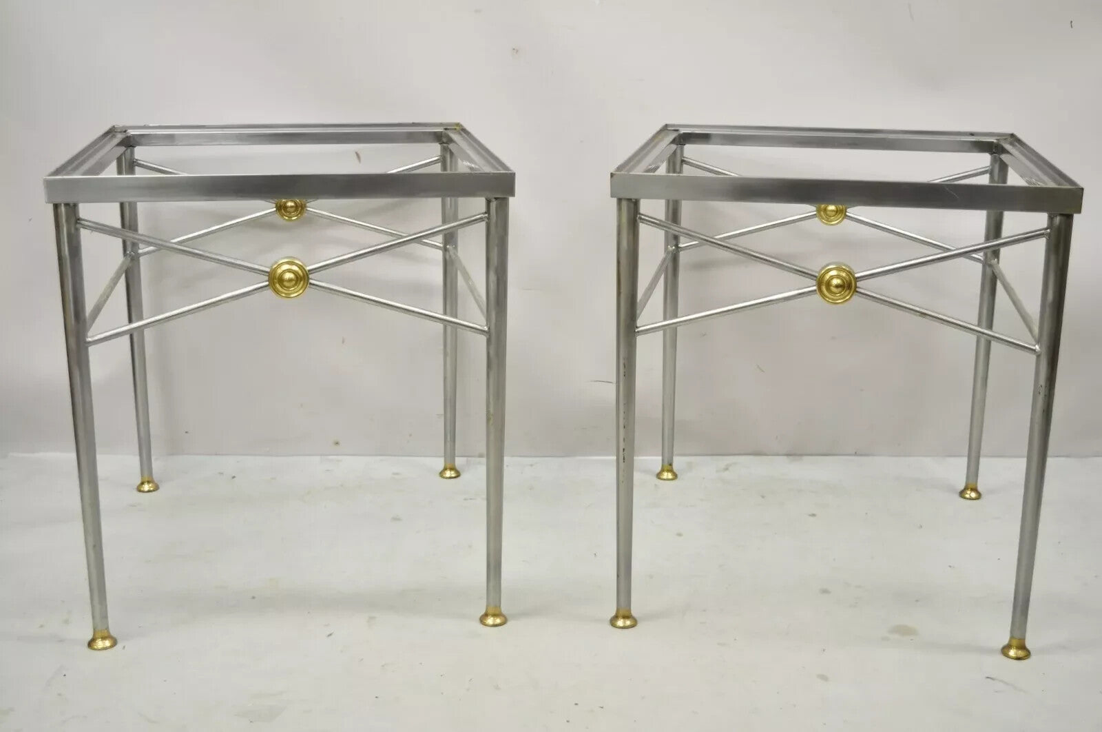 Italian Directoire Maison Jansen Style Brushed Steel & Brass End Tables - a Pair