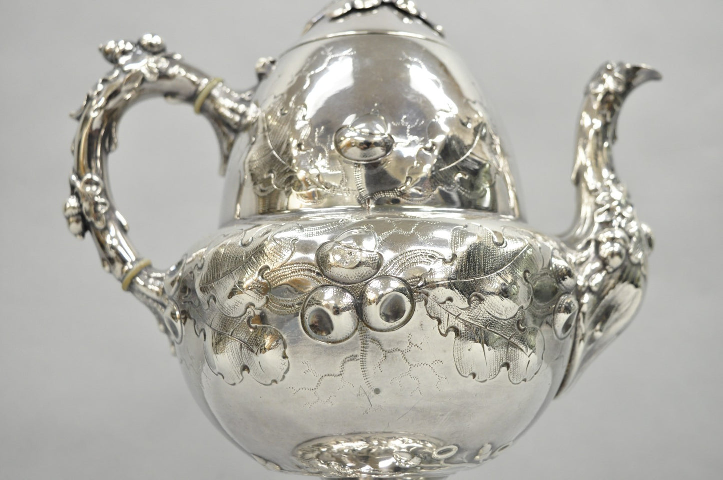 Antique Art Nouveau Silver Plated Nuts & Vines Repousse Tea Pot Tea Kettle