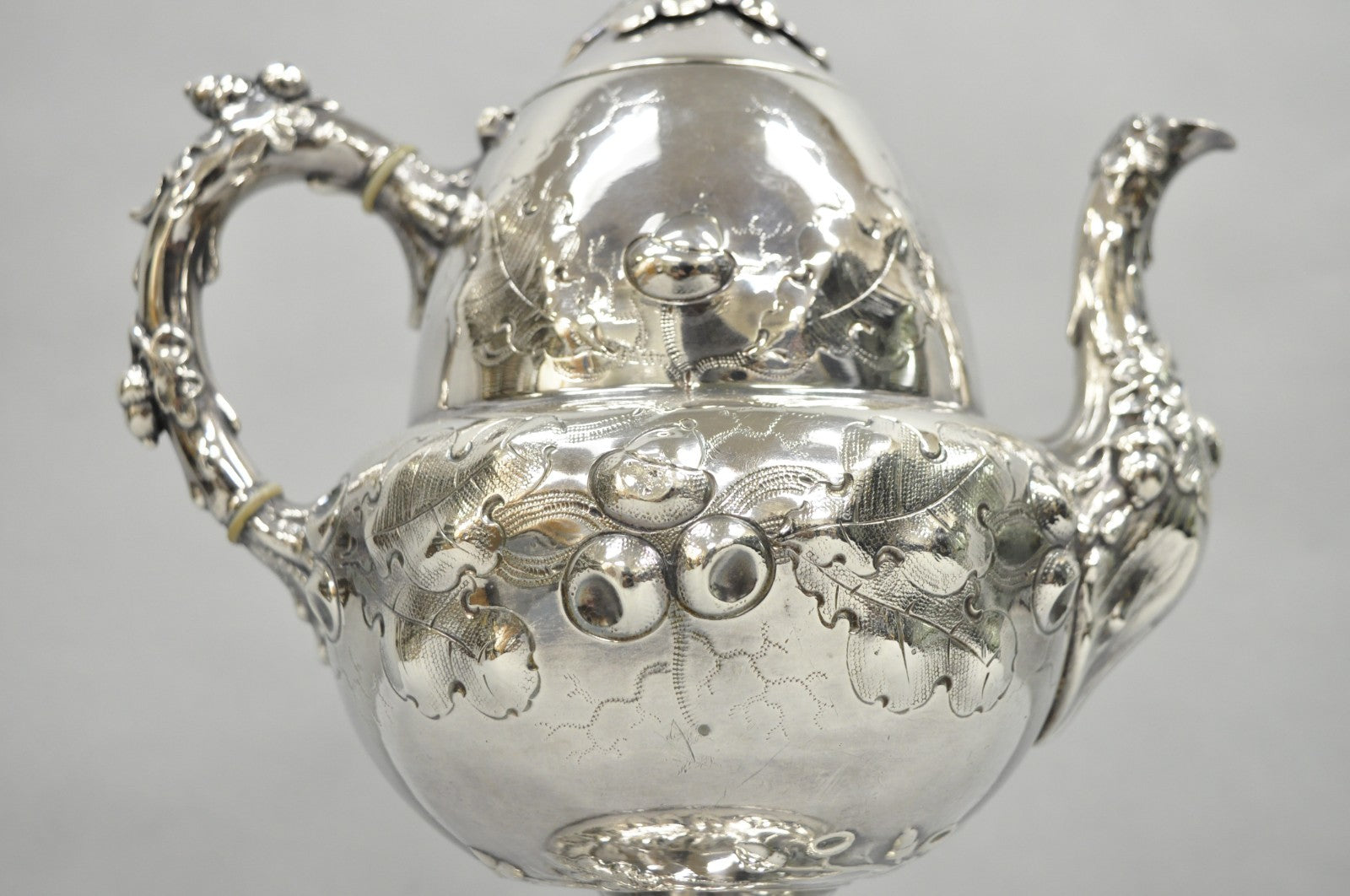 Antique Art Nouveau Silver Plated Nuts & Vines Repousse Tea Pot Tea Kettle