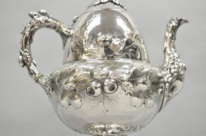 Antique Art Nouveau Silver Plated Nuts & Vines Repousse Tea Pot Tea Kettle