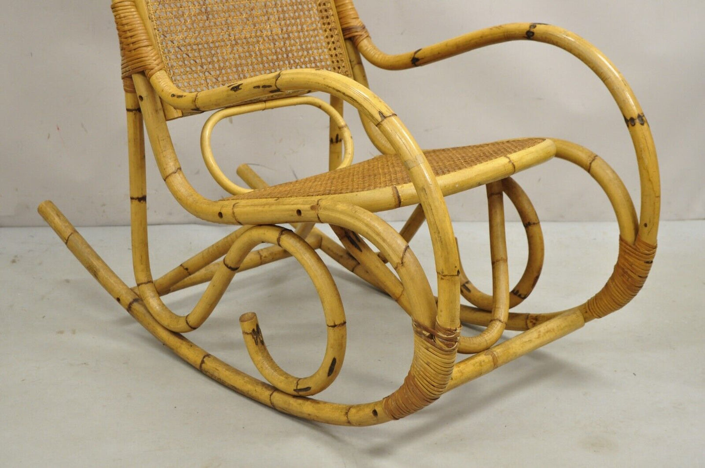 Vintage Mid Century Modern Bentwood Bamboo Rattan Cane Rocking Chair Rocker