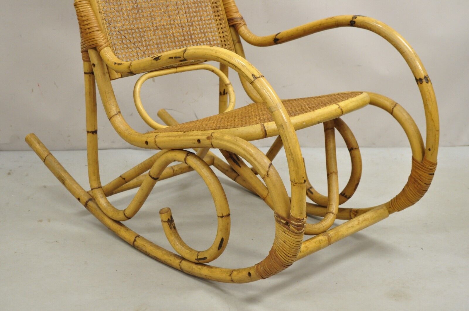 Vintage Mid Century Modern Bentwood Bamboo Rattan Cane Rocking Chair Rocker
