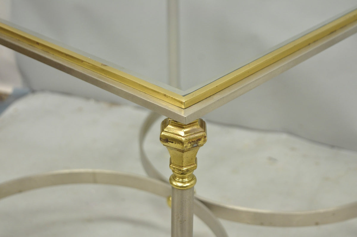Vintage French Directoire Maison Jansen Style Steel Brass Low Square Side Table
