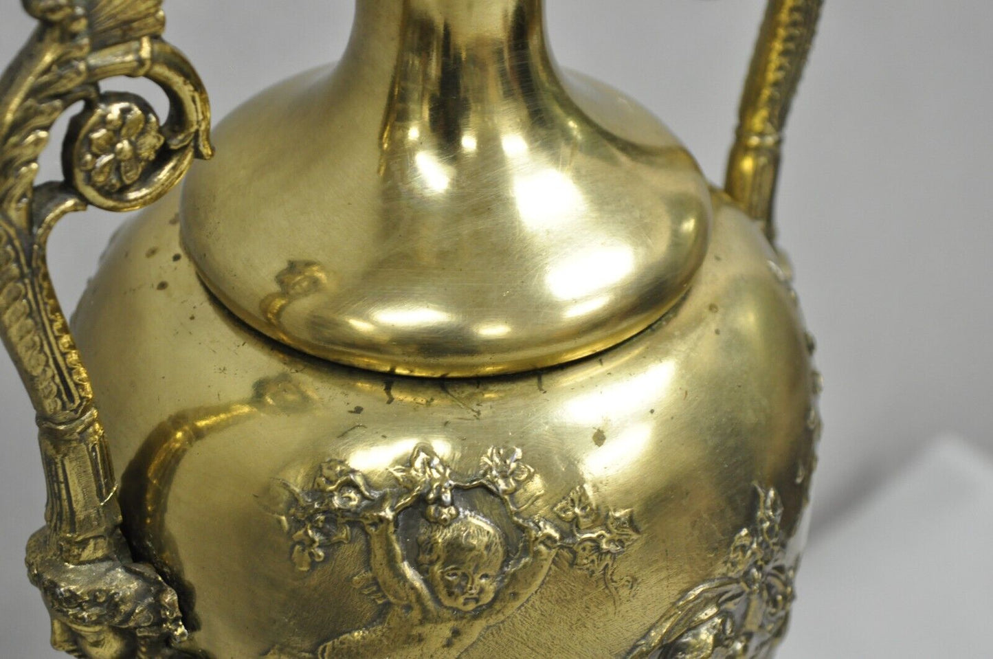 Vintage French Louis XV Renaissance Brass Figural Dancing Cherubs Urn Table Lamp