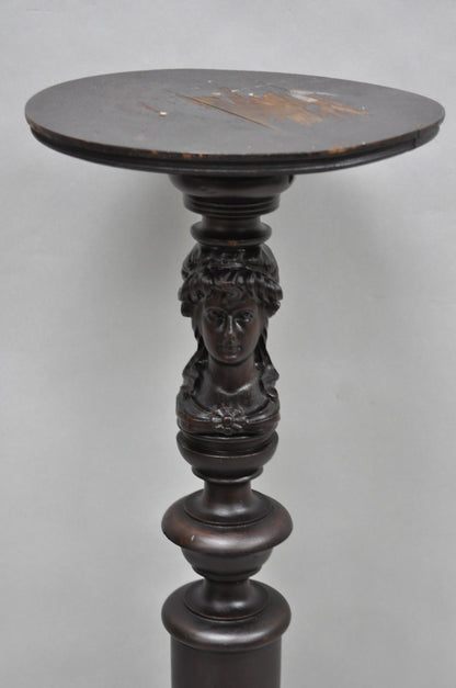 Antique French Renaissance Maiden Bust Column Mahogany Pedestal Plant Stand