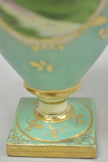 Antique Nippon Hand Painted Porcelain Windmill Scene Green Small Bolted Vase