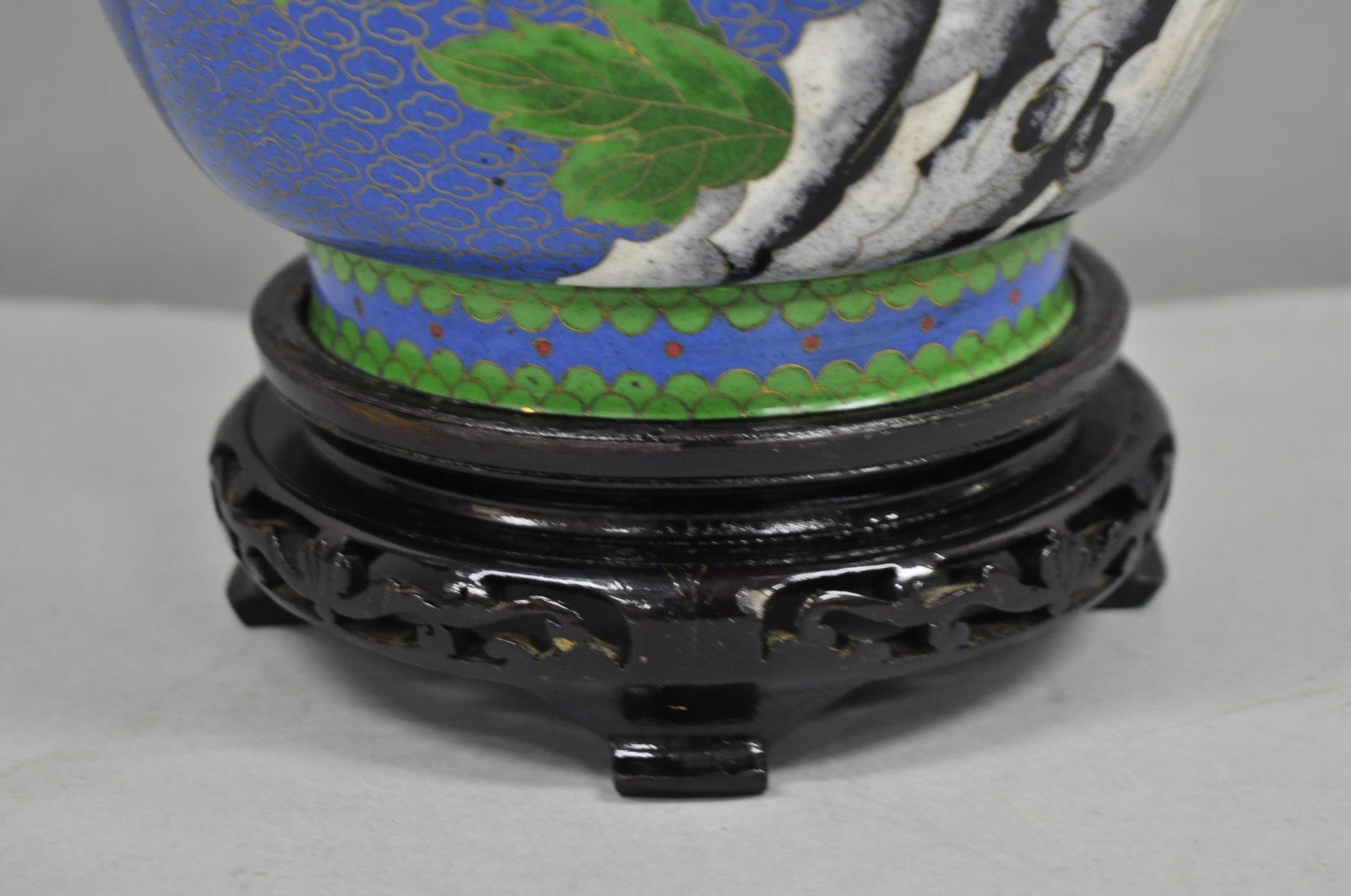 Vintage Chinoiserie Blue Cloisonné Enamel Oriental Brass Satsuma Vase Table Lamp