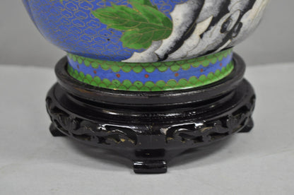 Vintage Chinoiserie Blue Cloisonné Enamel Oriental Brass Satsuma Vase Table Lamp