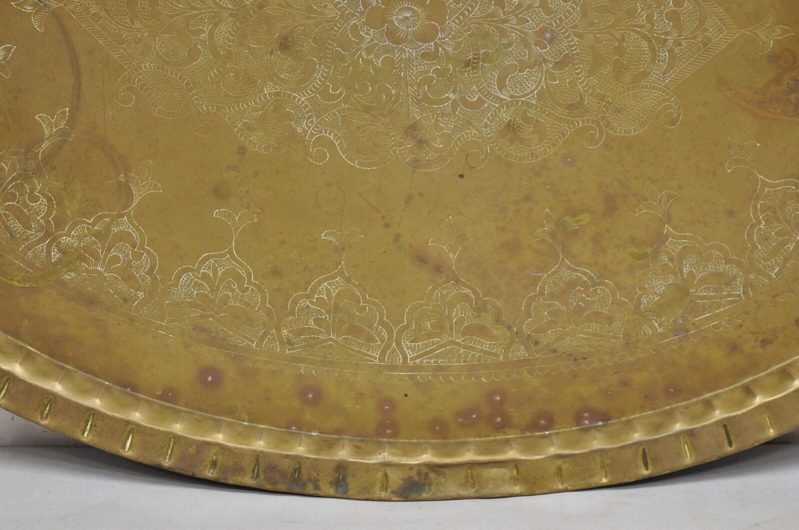 Vintage Moroccan Middle Eastern Solid Brass Large Oval Engraved 42" Tray Top