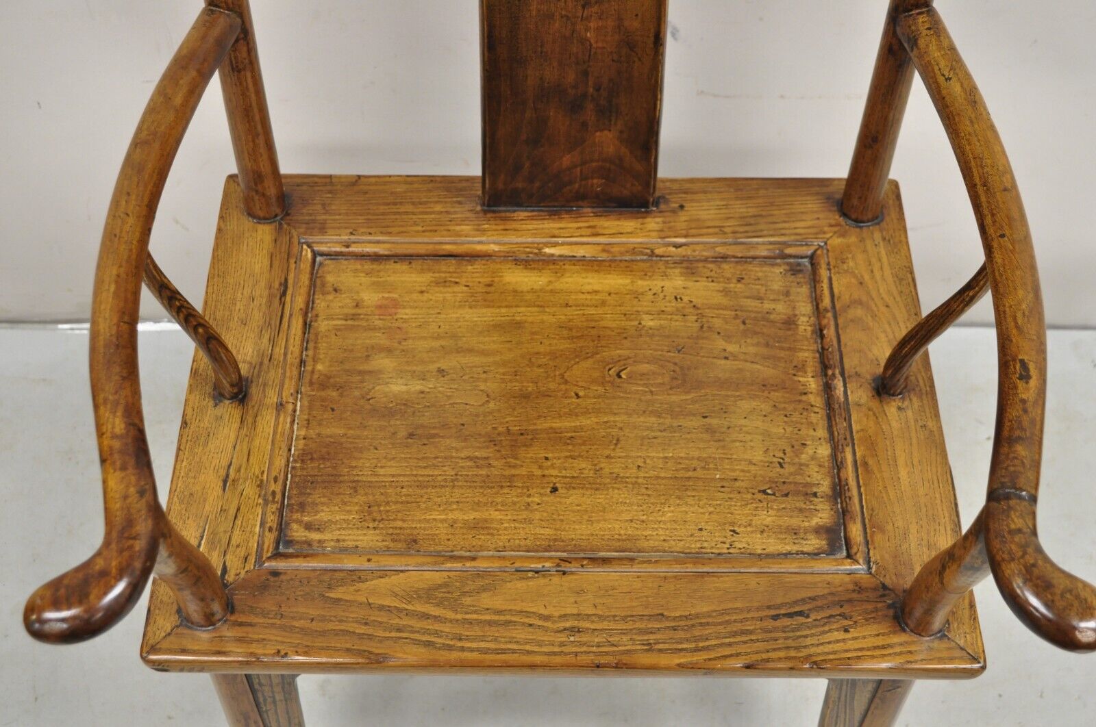 Vintage Chinese Elm Wood Ming Yoke Back Lacquered Asian Scholars Arm Chair