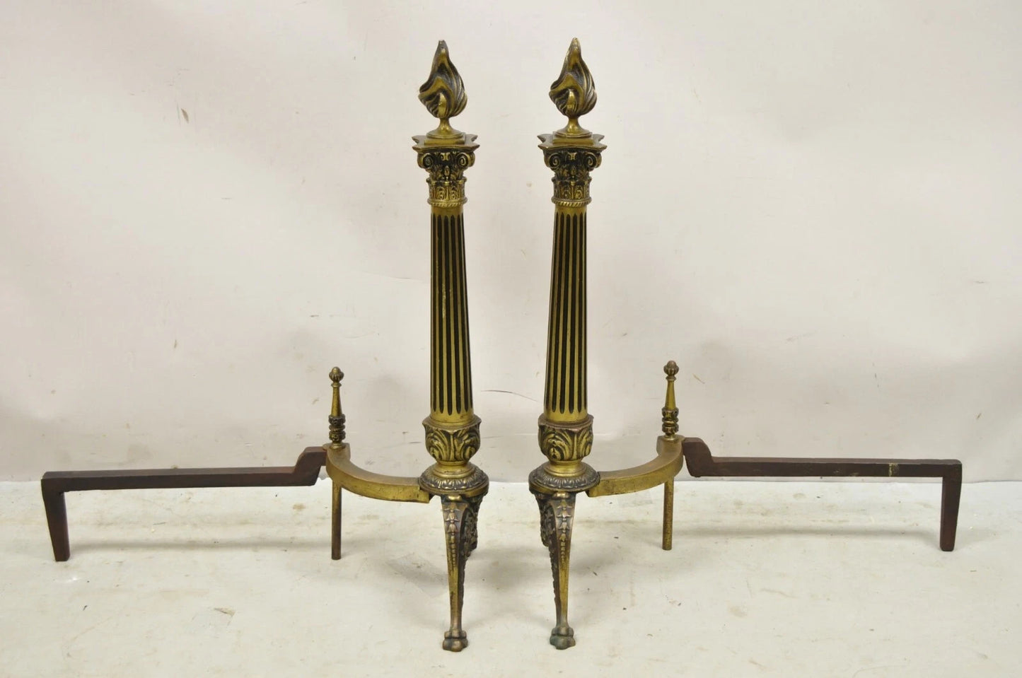 Antique French Empire Style Bronze Column Flame Finial Fireplace Andirons - Pair