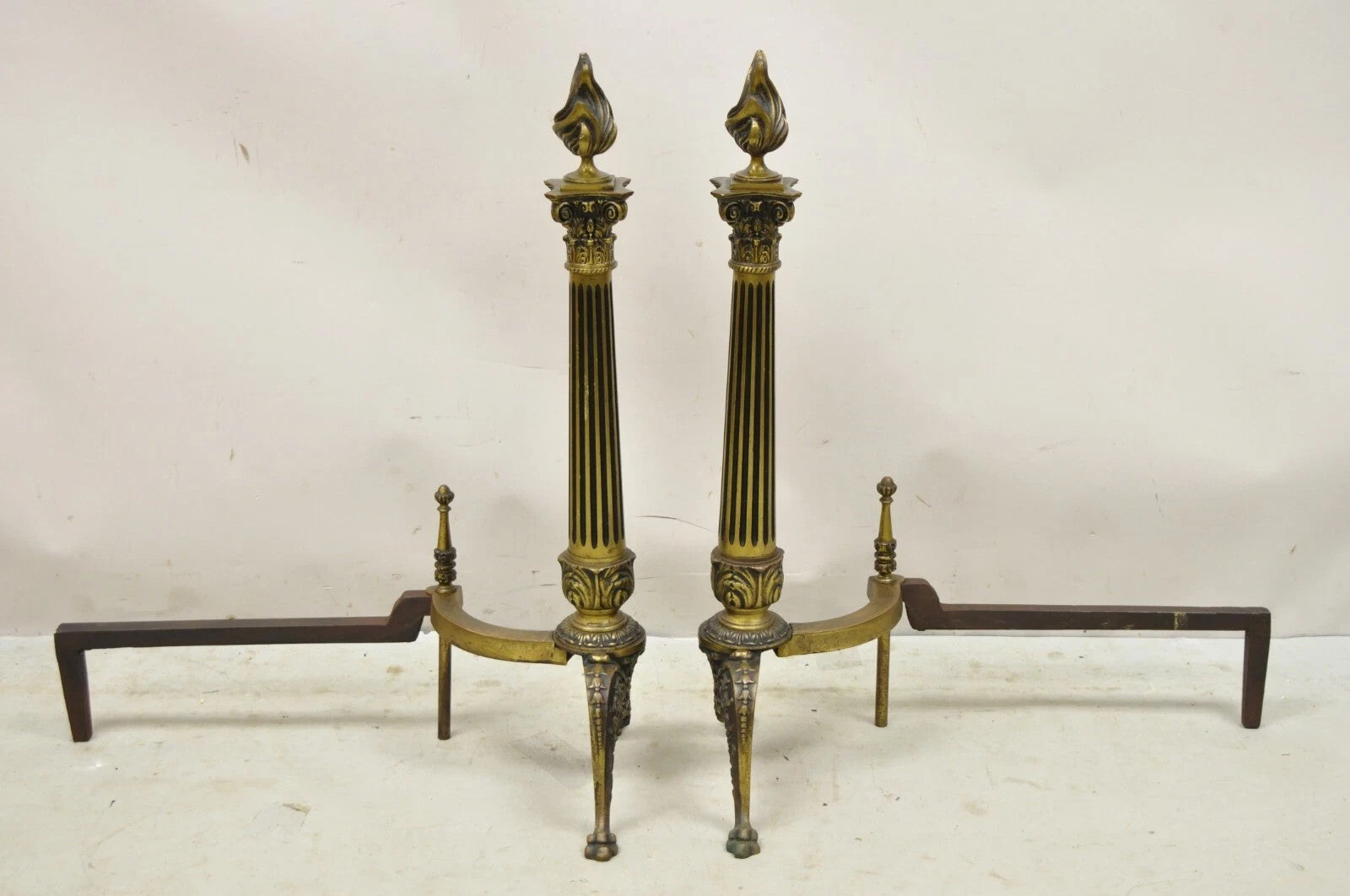 Antique French Empire Style Bronze Column Flame Finial Fireplace Andirons - Pair