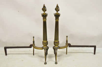 Antique French Empire Style Bronze Column Flame Finial Fireplace Andirons - Pair