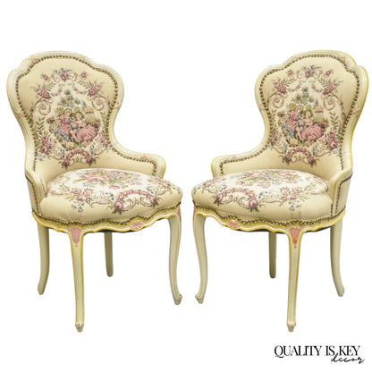 Vintage French Louis XV Style Cream & Pink Painted Boudoir Slipper Chair - Pair