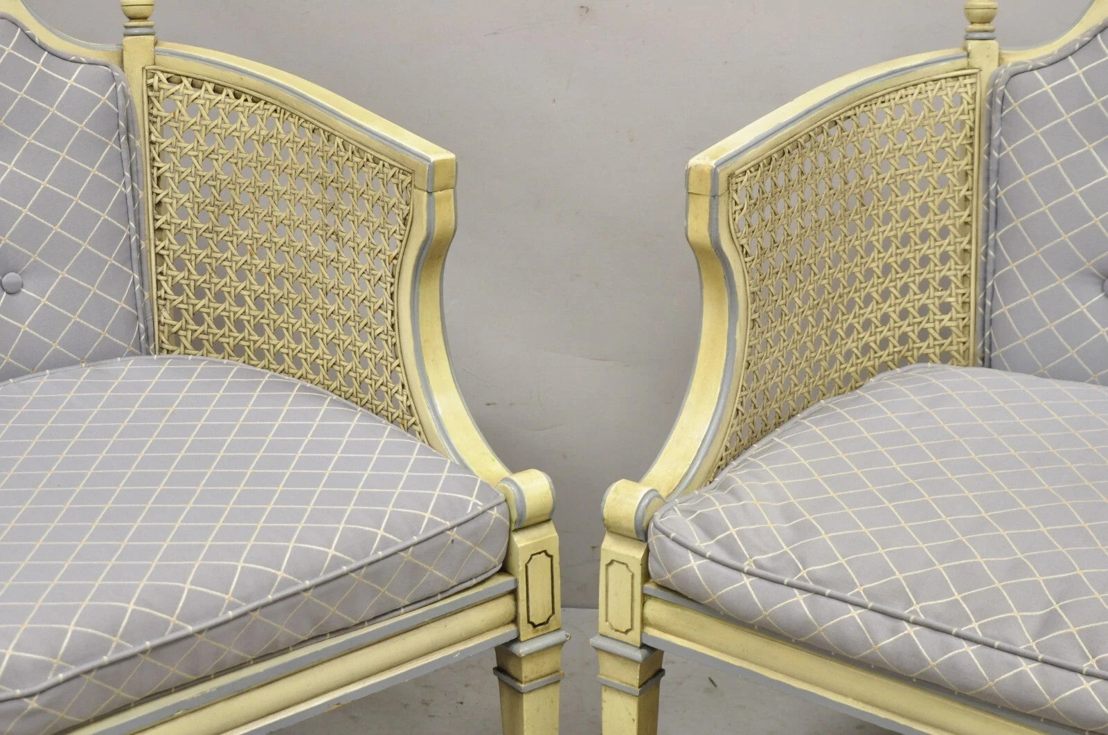 Vintage Hollywood Regency Cream Painted Cane Side Club Lounge Chairs - a Pair