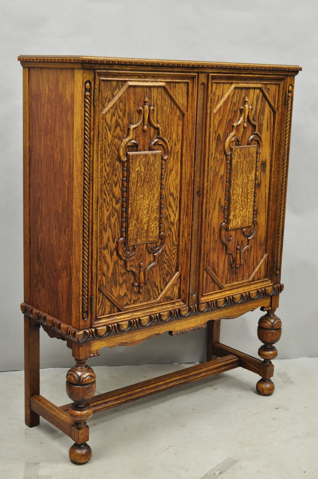Antique Jacobean Renaissance Tudor Oak Blind China Cabinet Bookcase Cupboard
