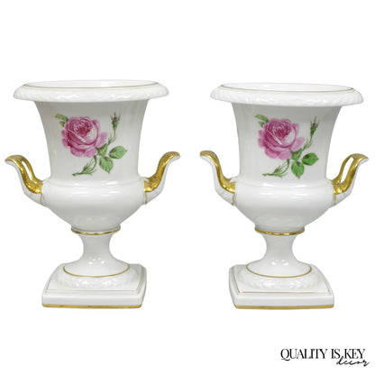 Alka Alboth & Kaiser Painted French Porcelain Pink Rose Trophy Cup Urn Vase Pair
