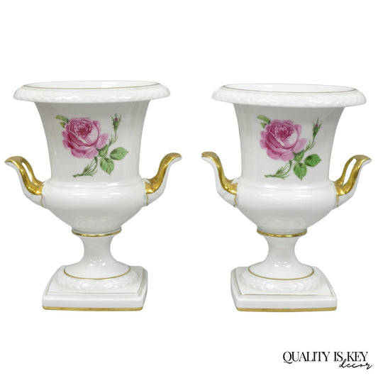 Alka Alboth & Kaiser Painted French Porcelain Pink Rose Trophy Cup Urn Vase Pair