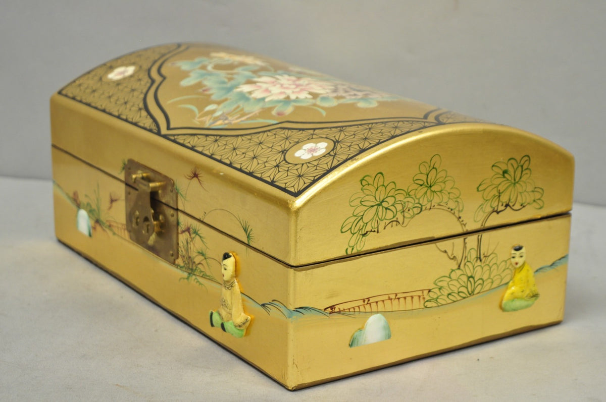 Vintage Chinese Oriental Gold Leaf Dome Lid Jewelry Box w/ Soapstone Figures