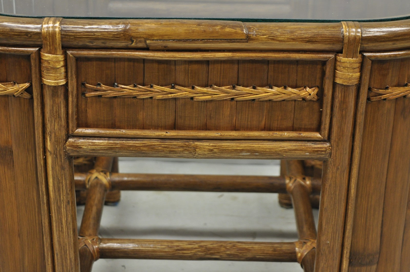 Vintage Hollywood Regency Bentwood Rattan Glass Top Beach House Side Table