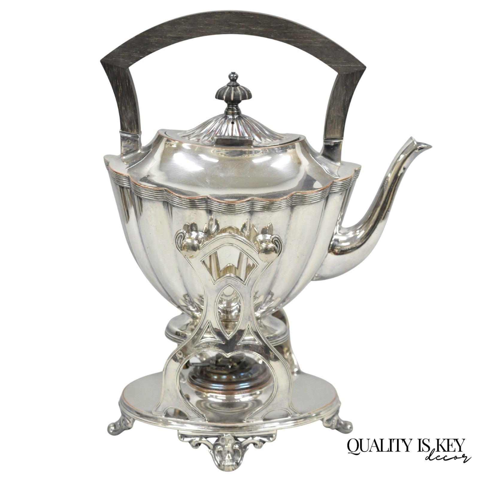 Antique English Art Nouveau Silver Plated Tilting Tea Kettle Pot on Stand