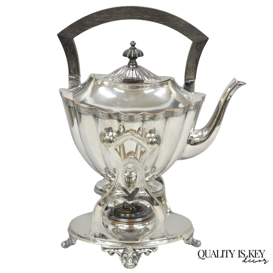 Antique English Art Nouveau Silver Plated Tilting Tea Kettle Pot on Stand