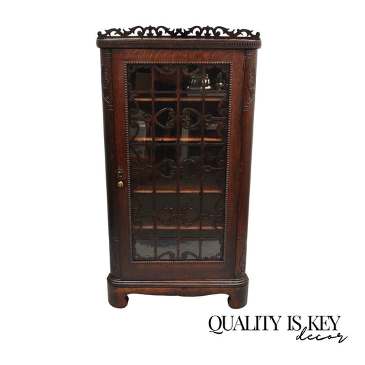 Antique Arts & Craft Oak Wood Glass One Door Fretwork Corner China Cabinet Curio