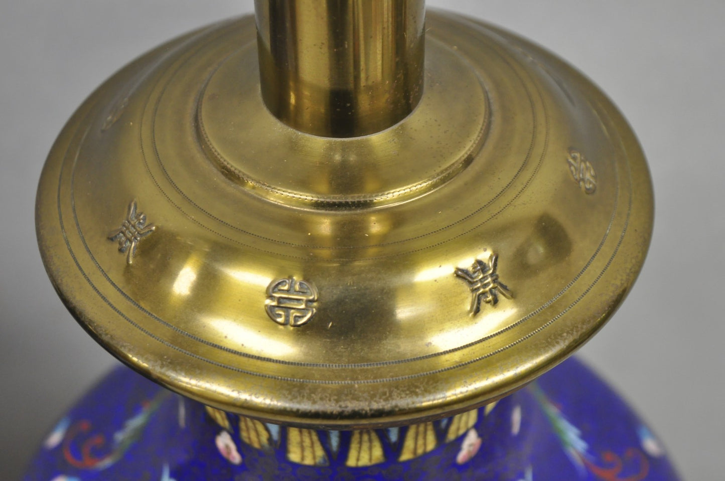 Vintage Chinoiserie Blue Enamel Chinese Brass Jardinierie Table Lamps - a Pair