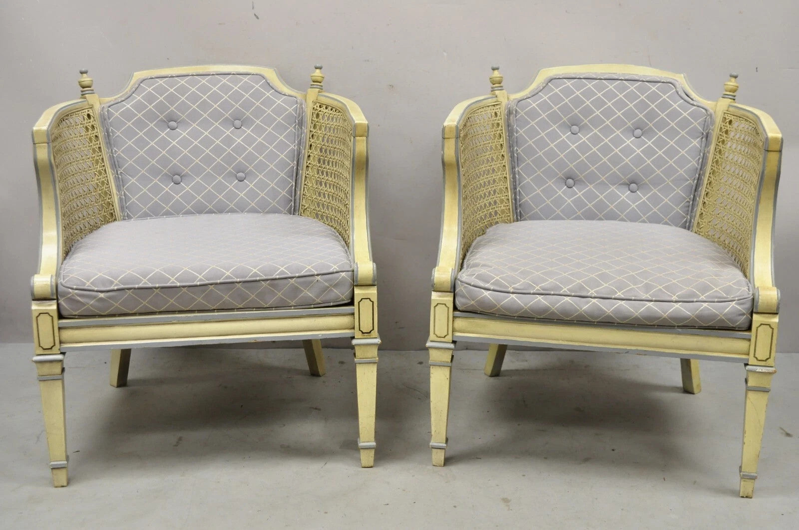 Vintage Hollywood Regency Cream Painted Cane Side Club Lounge Chairs - a Pair