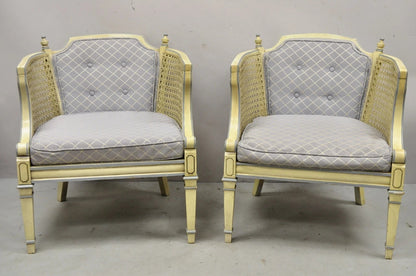 Vintage Hollywood Regency Cream Painted Cane Side Club Lounge Chairs - a Pair
