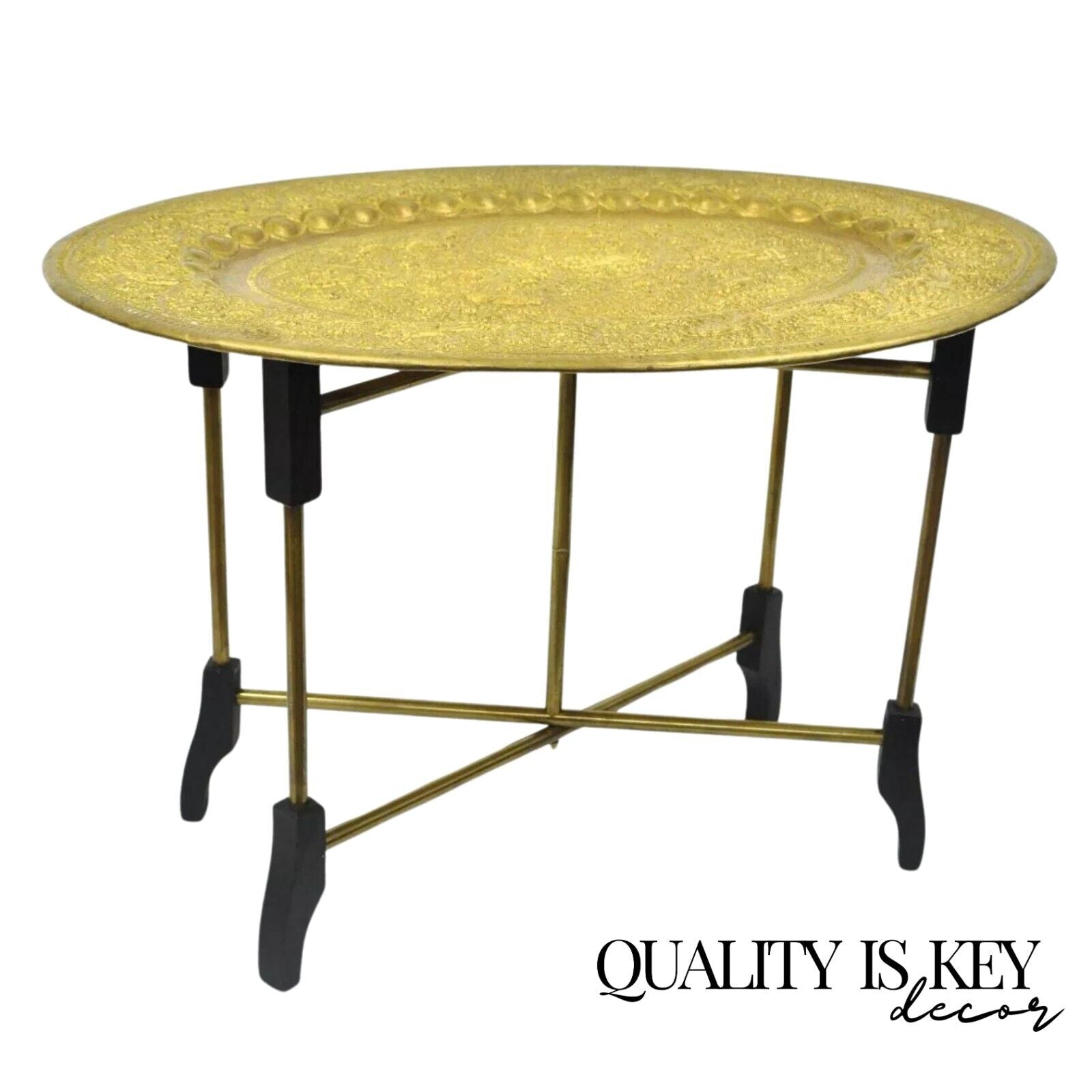 Vintage Moroccan Brass Bird Embossed Oval Tray Folding Small Coffee Table