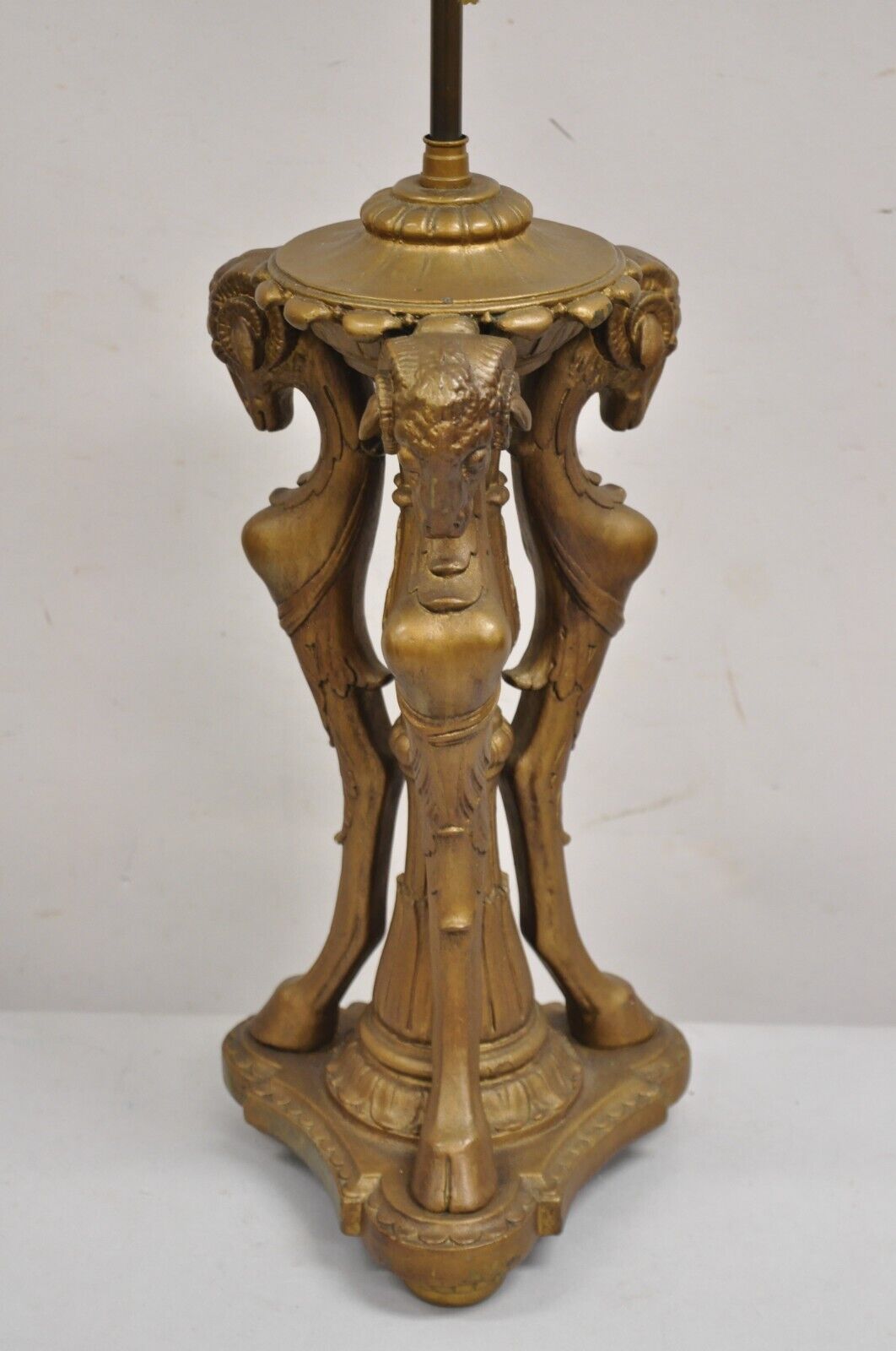 Vintage Neoclassical Style Triple Ram Goat Head Clad Gold Table Lamp