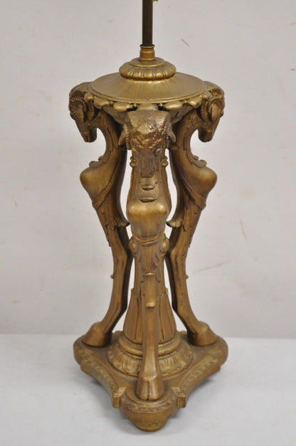 Vintage Neoclassical Style Triple Ram Goat Head Clad Gold Table Lamp