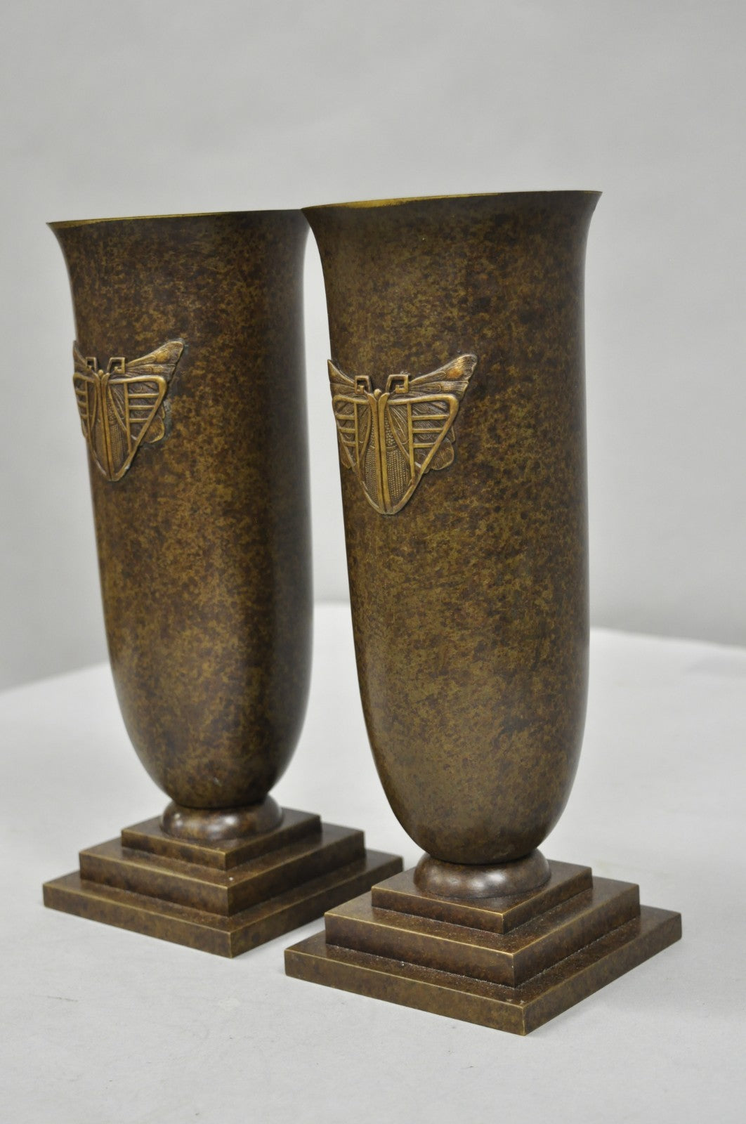 Antique French Art Deco Bronze Fluted Altar Vase w/ Butterfly Moth - a Pair