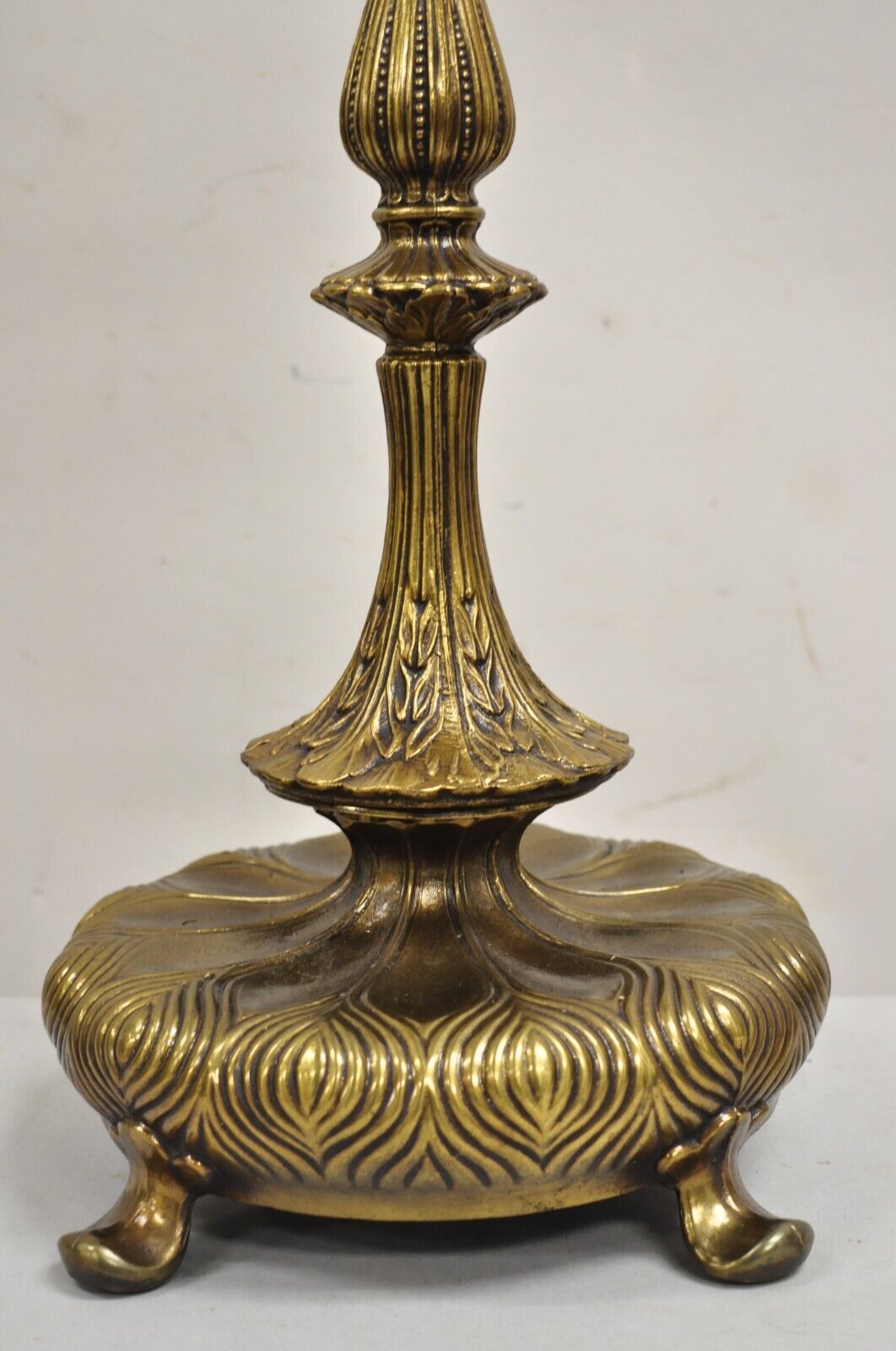 Vintage French Art Nouveau Metal 3 Light Tall Brass Lotus Candlestick Table Lamp