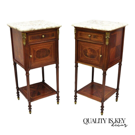 Antique French Louis XVI Marquetry Inlay Marble Top Nightstand Washstand - Pair