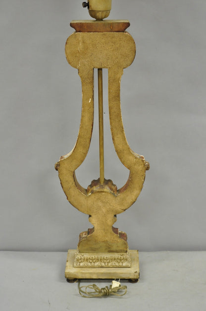 Italian Neoclassical Cream & Gold Gilt Carved Wood Harp Column Table Lamp - Pair