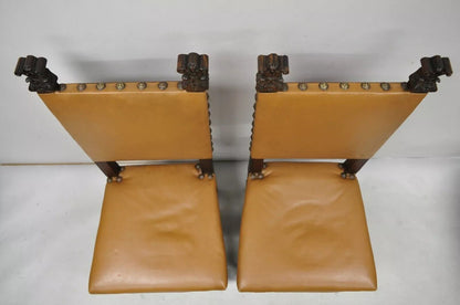 Antique 19th C. Italian Renaissance Carved Walnut High Back Side Chairs - a Pair