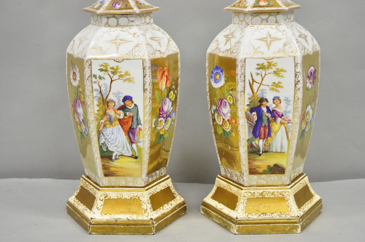 Antique French Victorian Hand Painted Gold Gilt Ginger Jar Table Lamps - a Pair
