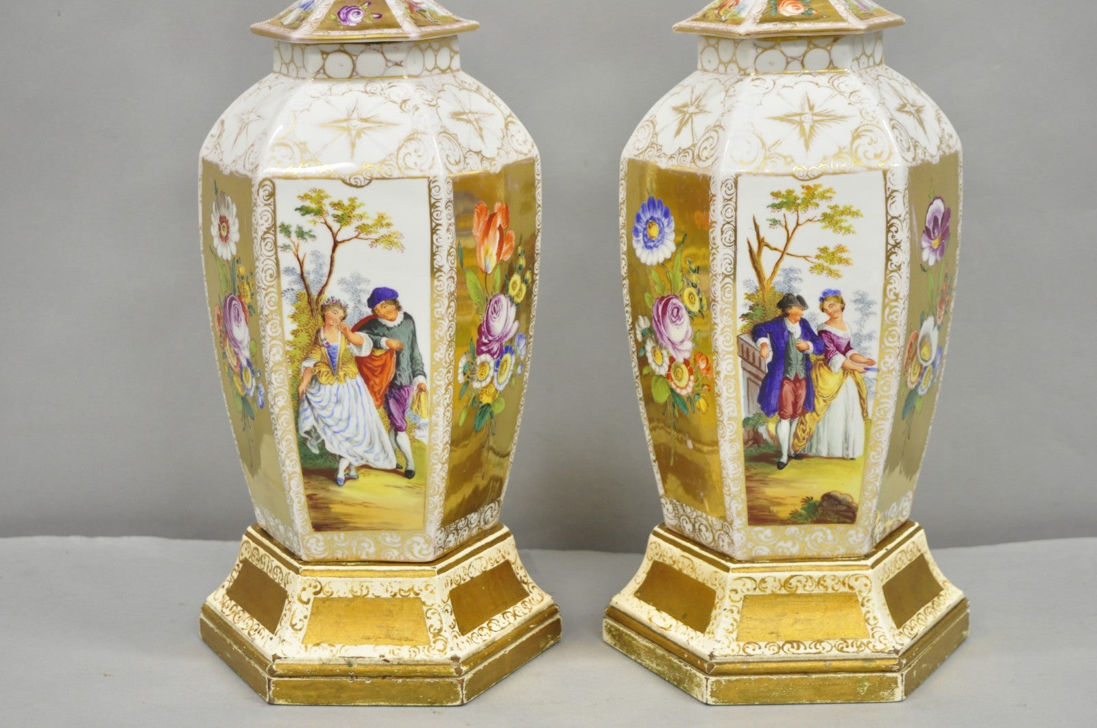 Antique French Victorian Hand Painted Gold Gilt Ginger Jar Table Lamps - a Pair