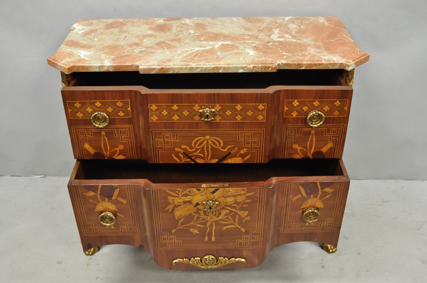 Vintage French Louis XV Style Marquetry Inlay Marble Top Commode Dresser Chest