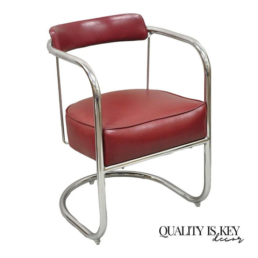 Lloyd Kem Weber Tubular Chrome Steel Red Vinyl Cantilever Arm Chair