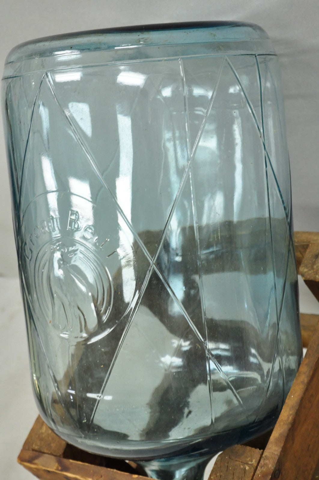 Vintage Great Bear Blue 5 Gallon Glass Carboy Jug in Wooden Crate