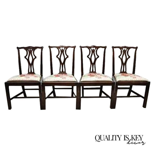 Vintage Chippendale Georgian Style Solid Mahogany Dining Side Chairs - Set of 4