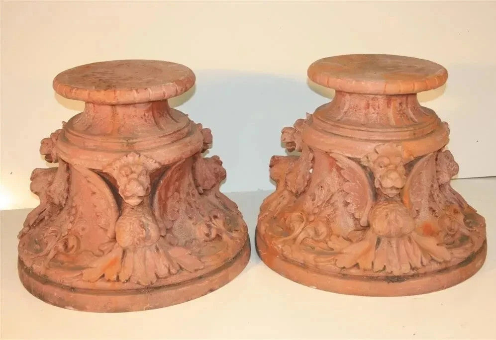 Vintage Gothic Winged Griffin Fiberglass Faux Terracotta Garden Pedestal - Pair