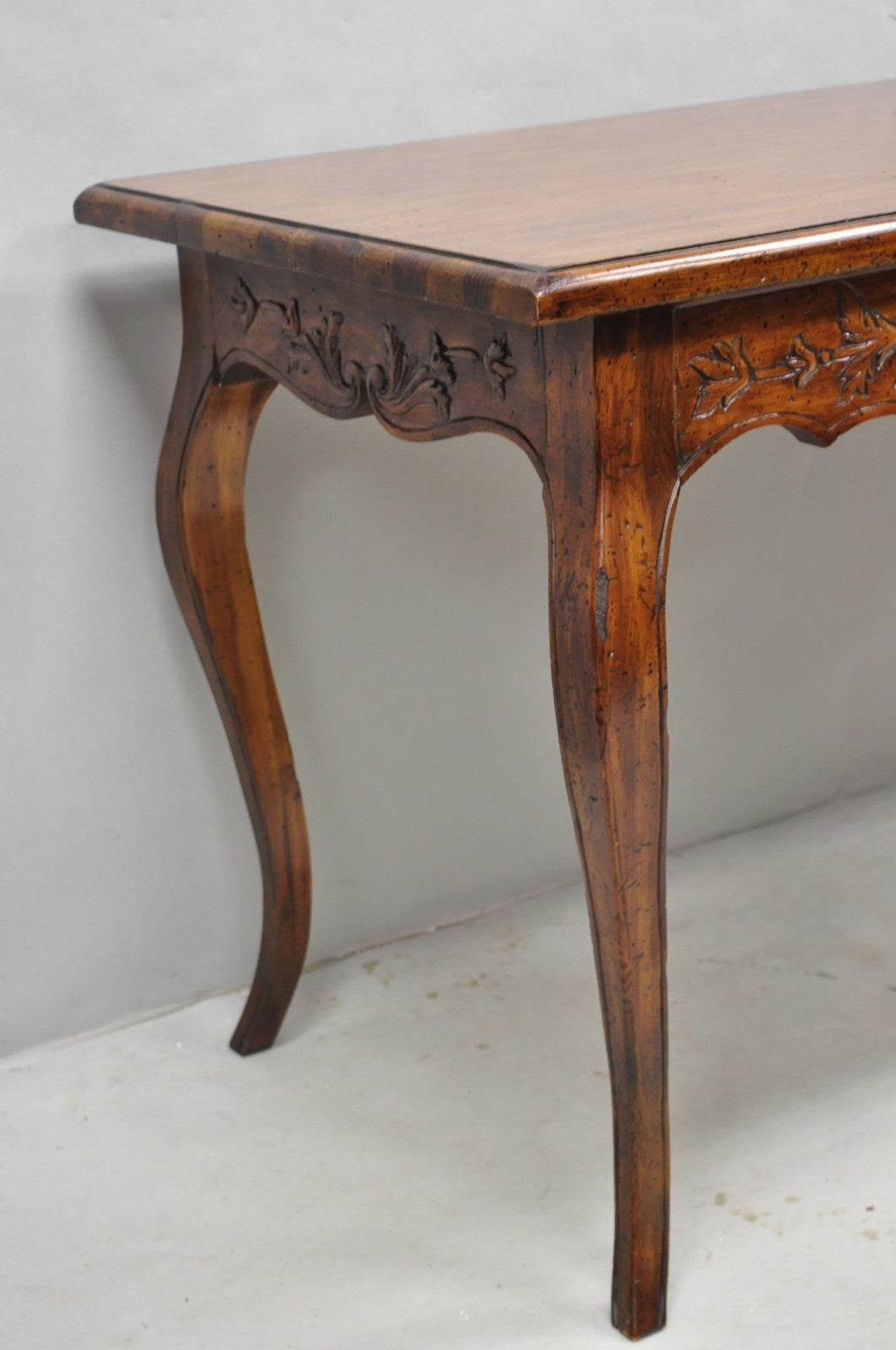 Vintage French Country Pine Wood Distress Floral Carved 1 Drawer Writing Desk