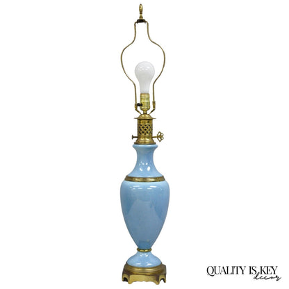 Vintage French Neoclassical Style Blue Porcelain Urn Form Brass Table Lamp