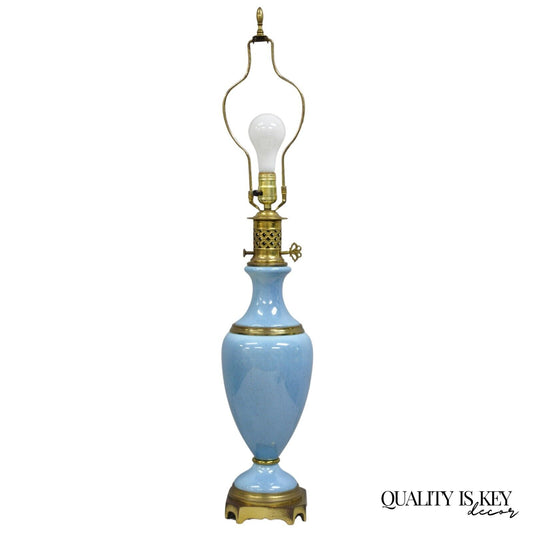 Vintage French Neoclassical Style Blue Porcelain Urn Form Brass Table Lamp