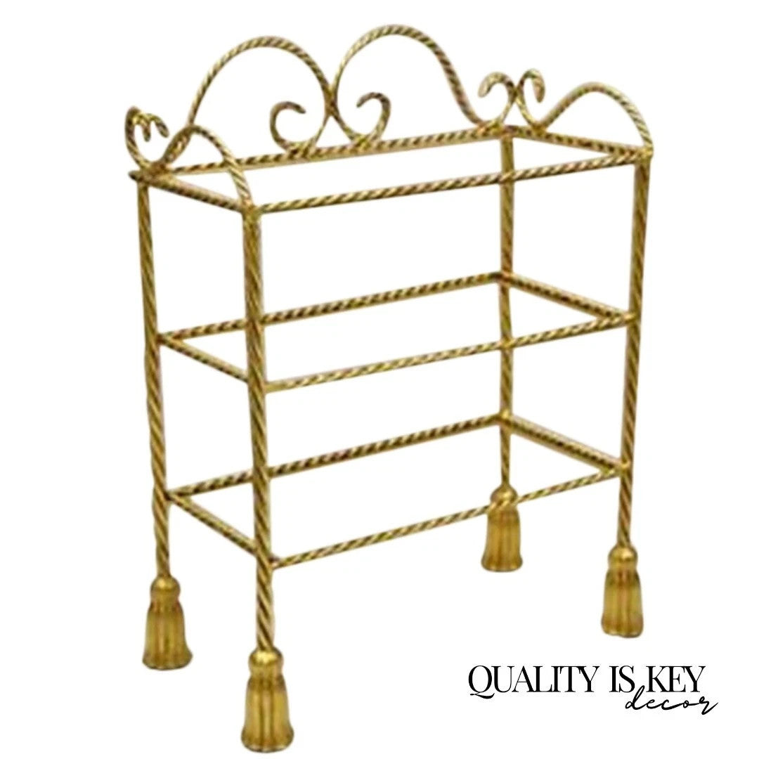 Italian Hollywood Regency Gold Gilt Iron 3 Tier Shelf Small Display Stand (A)